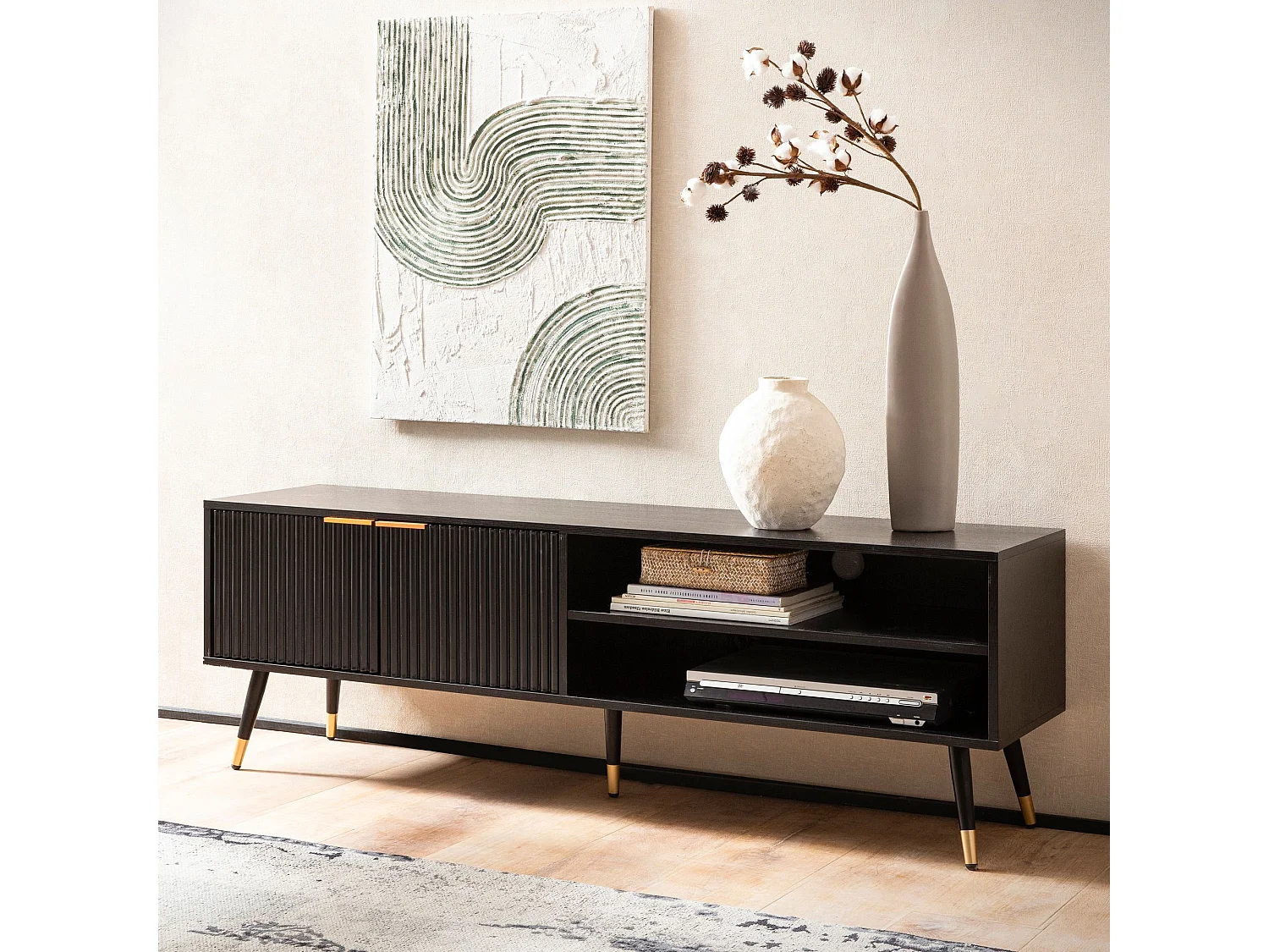 Meuble TV 150 cm Noir Décor Chêne Lowboard Panneau de Télévision Moderne