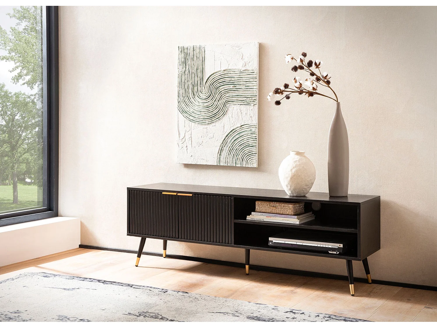 Meuble TV 150 cm Noir Décor Chêne Lowboard Panneau de Télévision Moderne