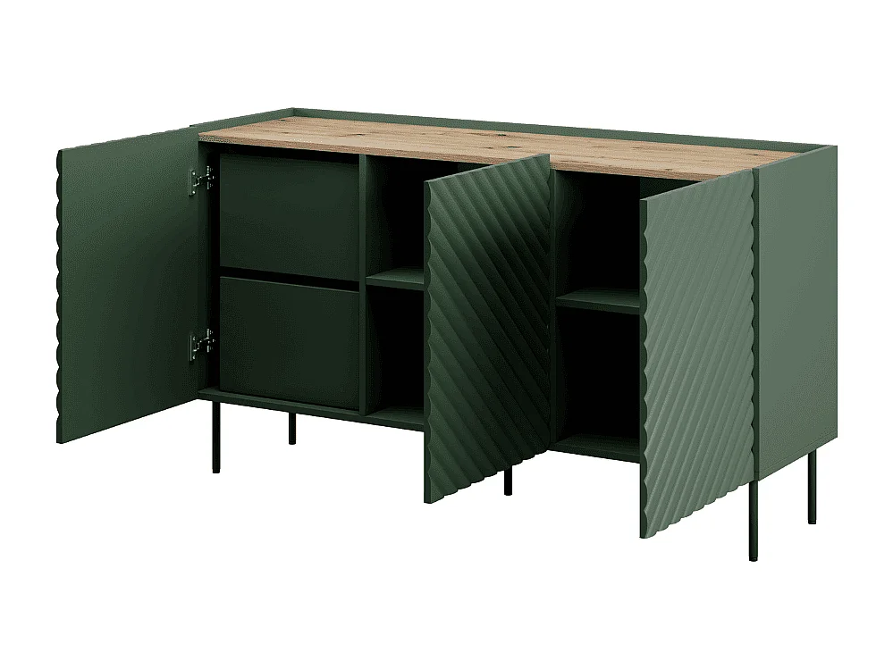 Aparador verde y madera 150 cm 3 puertas 2 cajones Emile