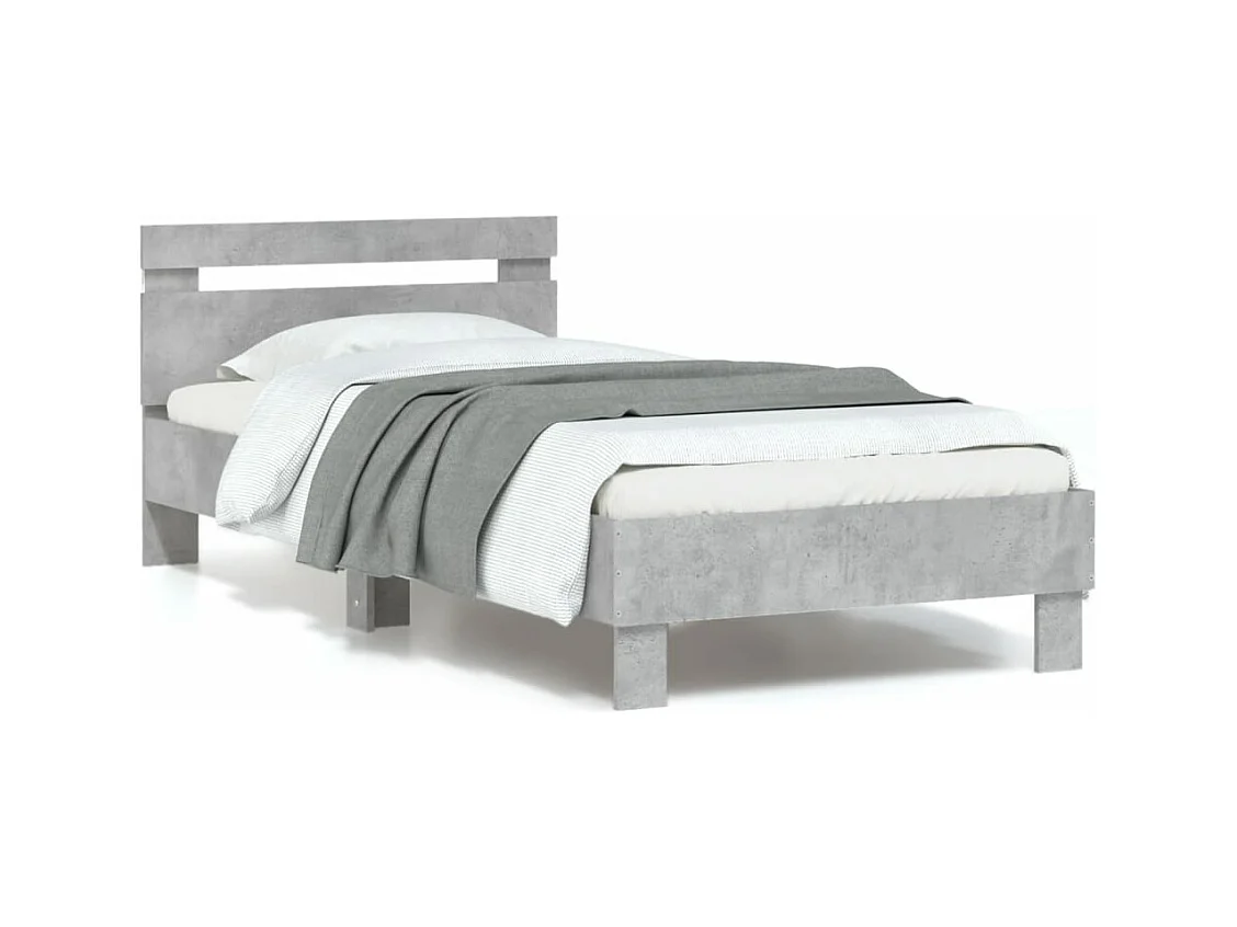 Cadre de lit tête de lit et lumières LED gris béton 90x200
