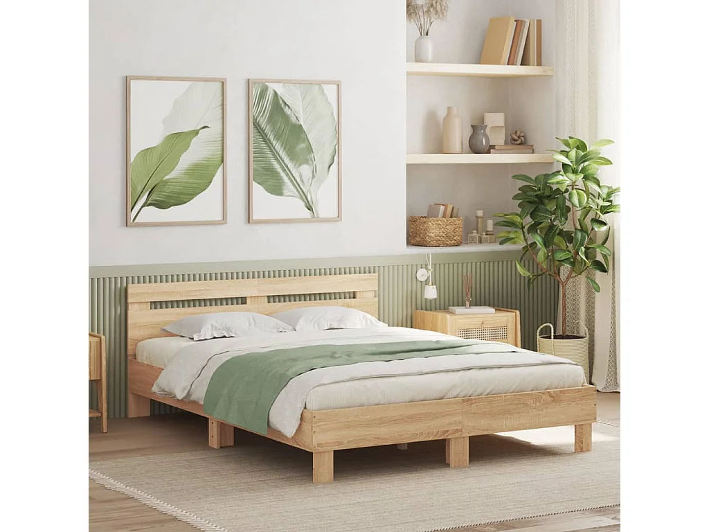 Cadre de lit avec tête de lit et LED chêne sonoma 140x190