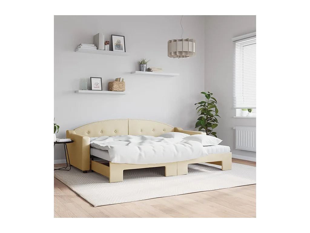 Slaapbank met onderschuifbed en matrassen 80x200 cm stof crème
