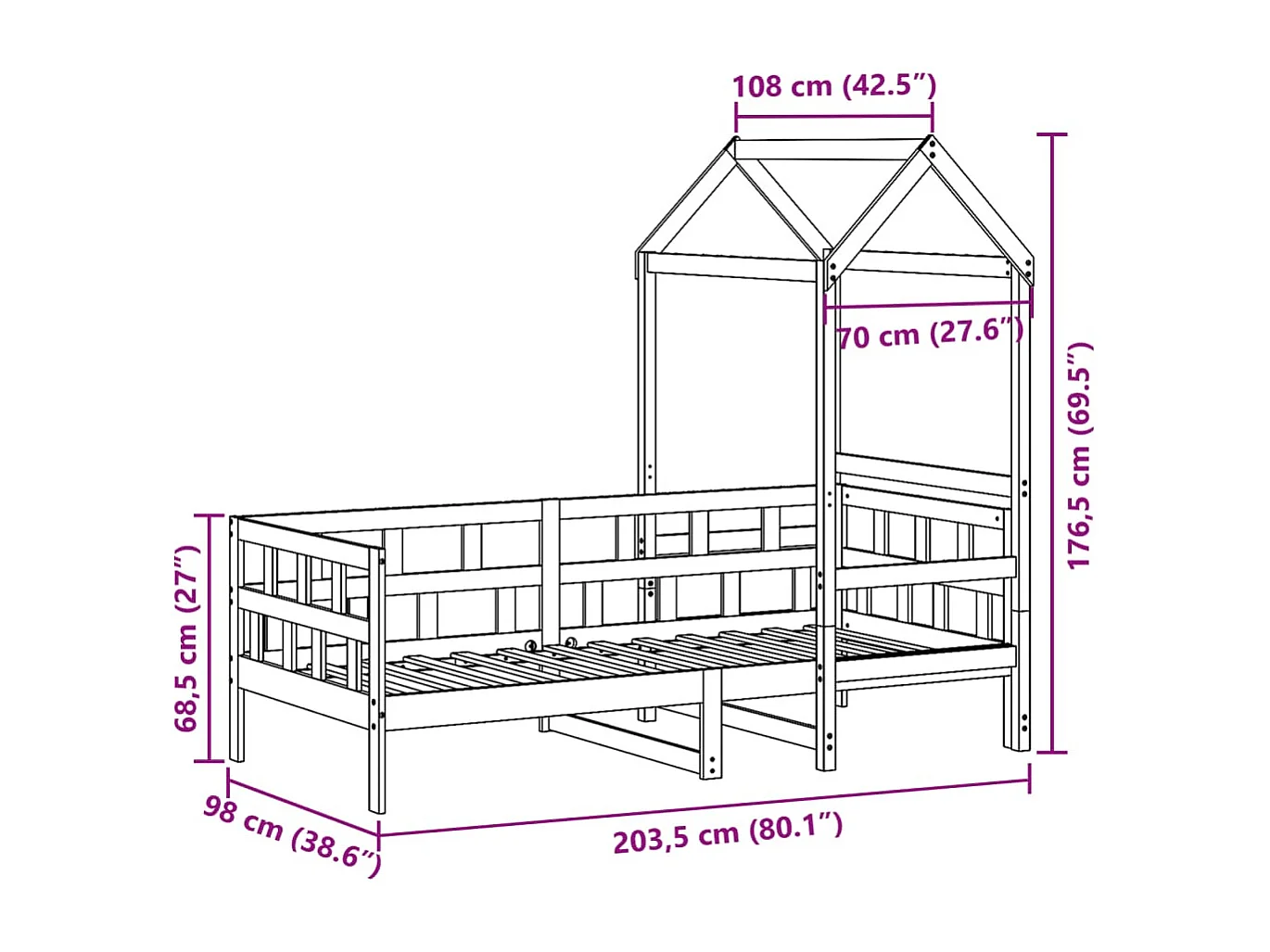 Lit de jour avec toit sans matelas 90x200 cm bois massif