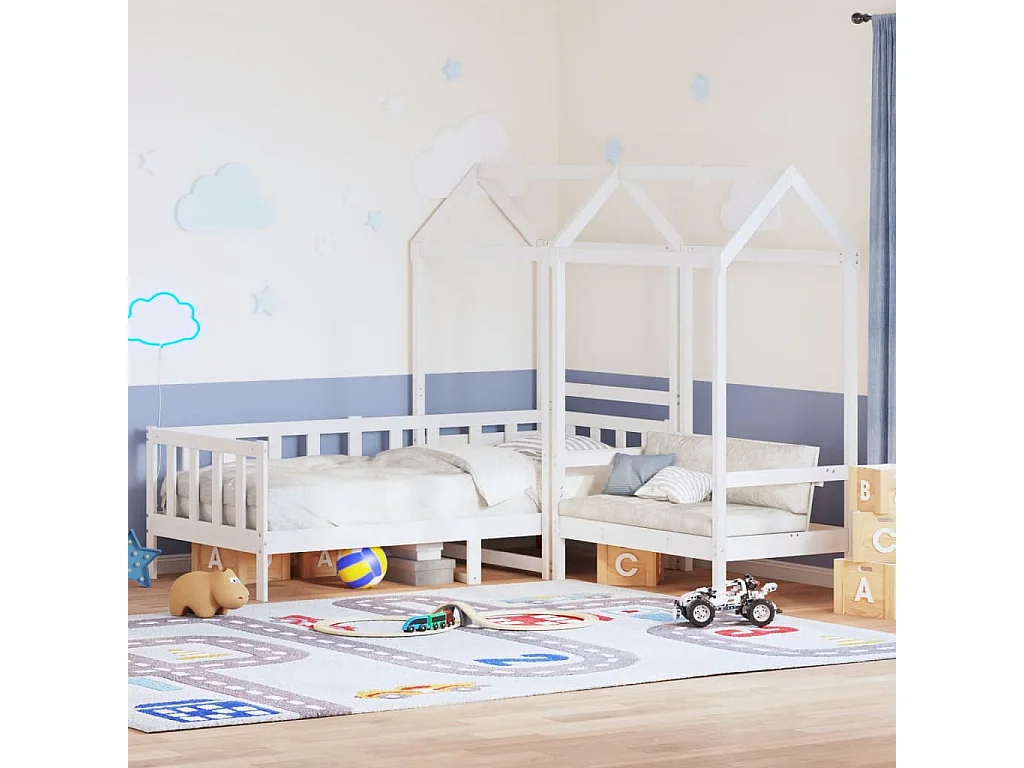 Ensemble de lit de jour et de banc avec toit sans matelas blanc