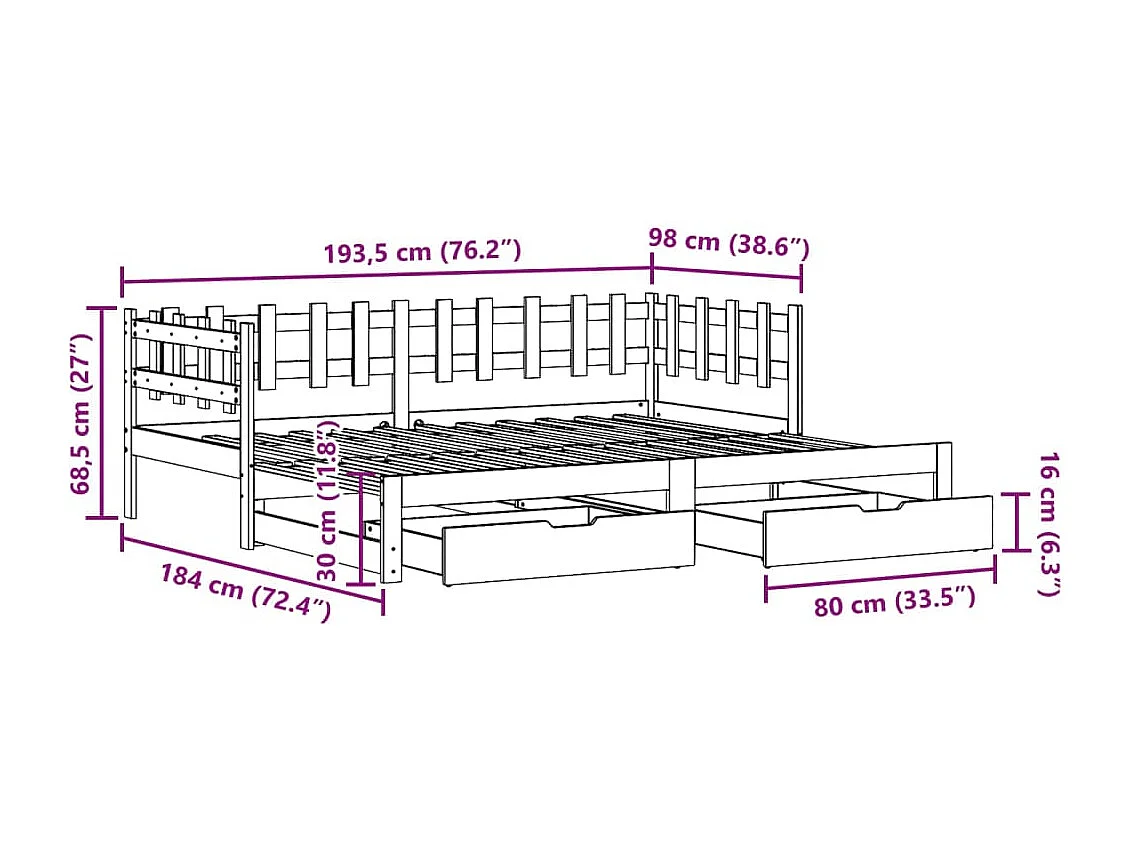 Letto Estraibile con Cassetti senza Materasso Bianco 90x190 cm