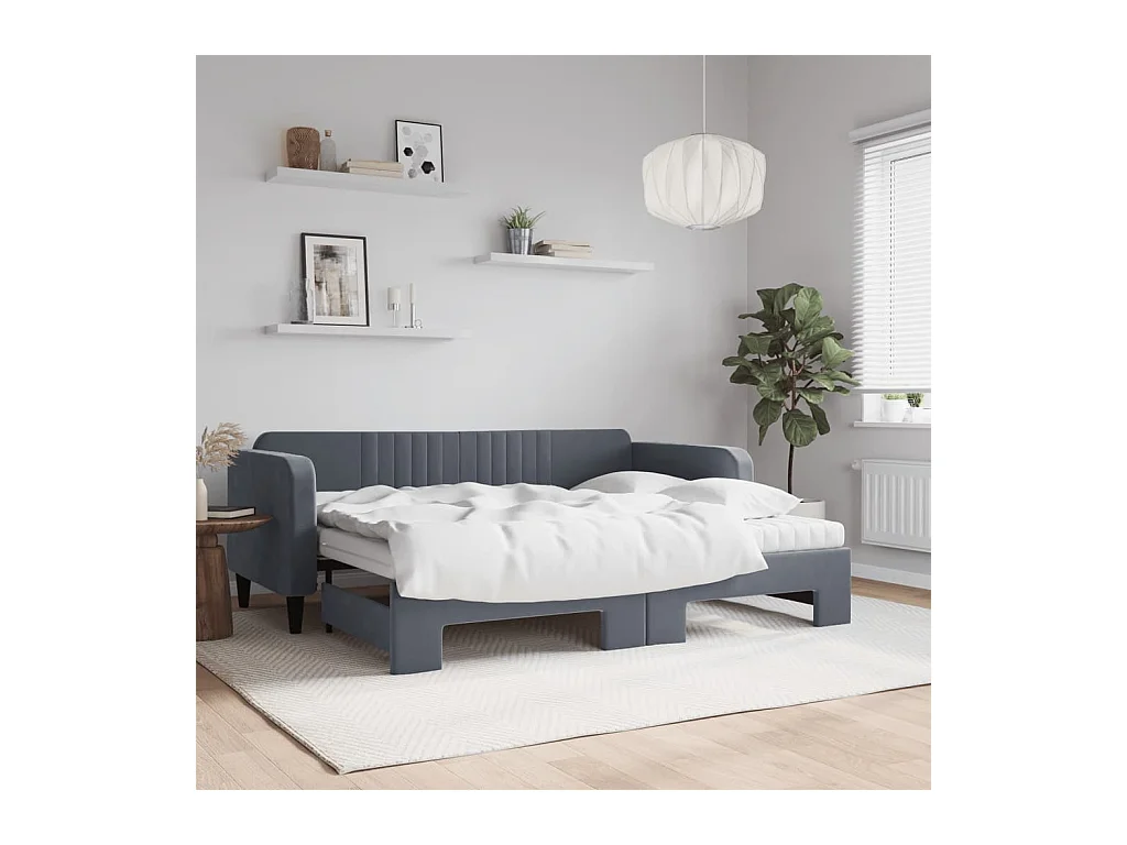 Lit de jour avec gigogne et matelas gris foncé 90x200cm velours
