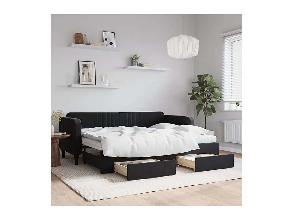 Sofá cama nido con cajones terciopelo negro 80x200 cm