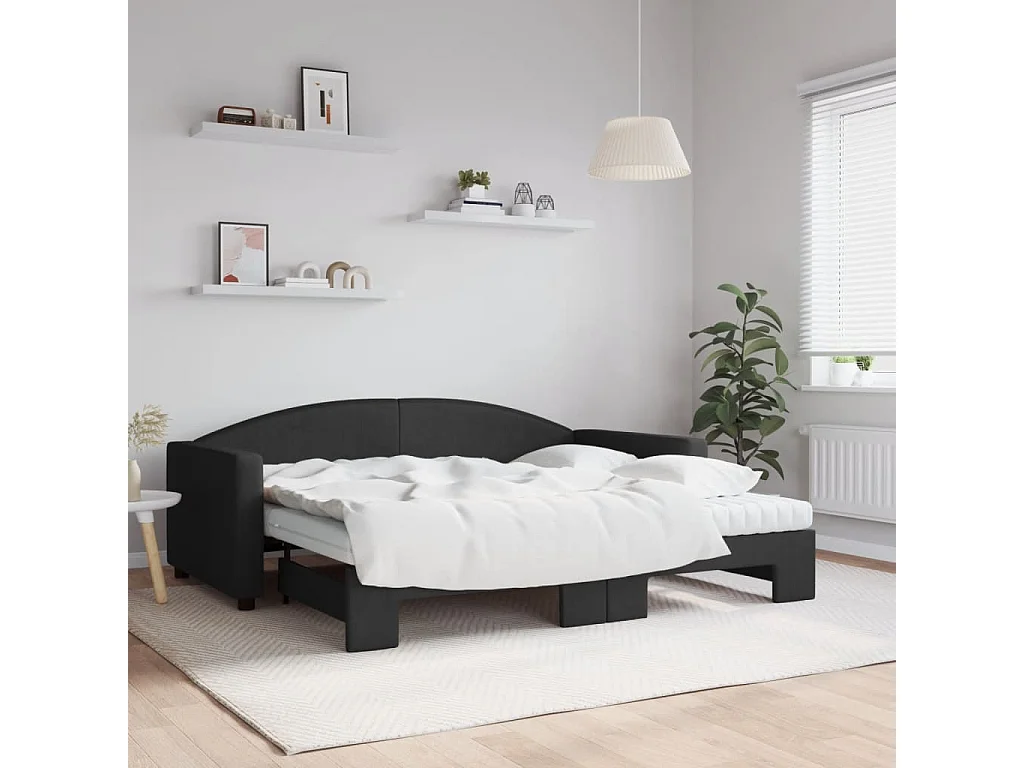 Tagesbett Ausziehbar mit Matratzen Schwarz 90x190 cm Stoff