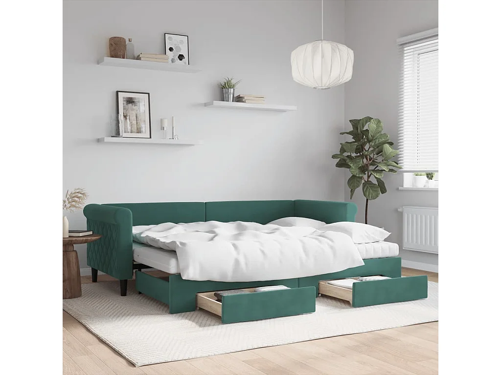 Divano Letto Estraibile Cassetti Verde Scuro 80x200cm Velluto