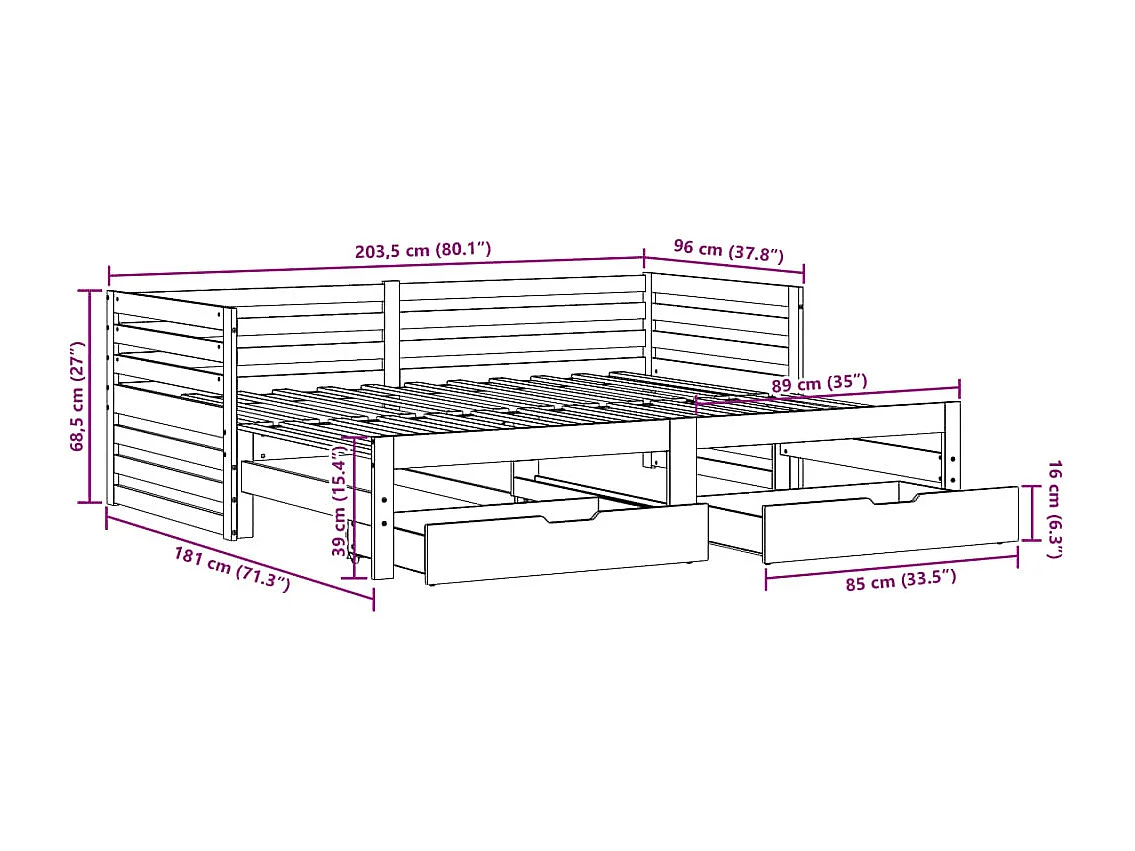 Sofá cama con cajones madera maciza de pino 90x200 cm