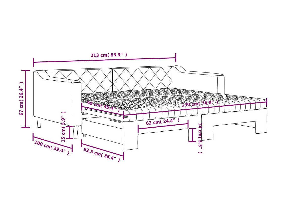 Lit de jour avec gigogne et matelas gris clair 90x190 cm tissu
