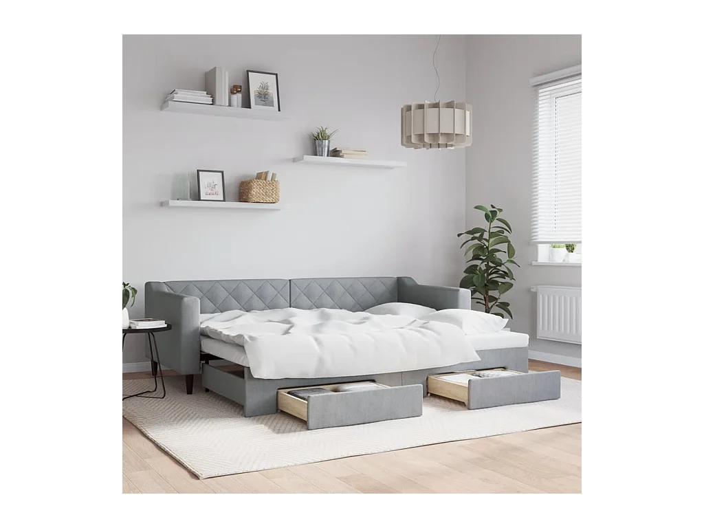 Divano Letto Estraibile Cassetti Grigio Chiaro 80x200cm Tessuto