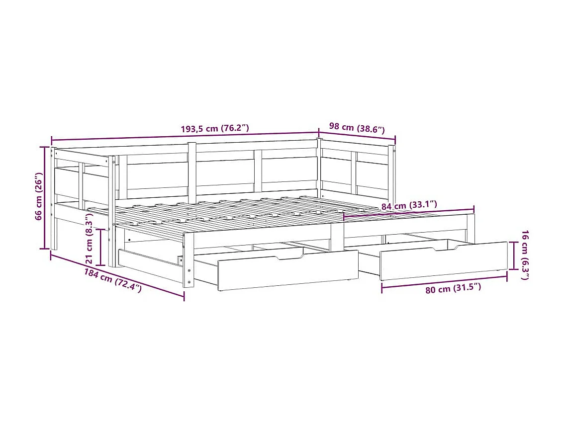 Slaapbank met onderschuifbed/lades zonder matras 90x190 cm wit