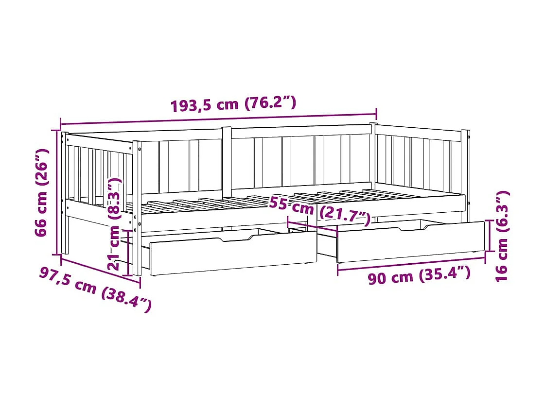 Sofá cama con cajones madera maciza de pino 90x190 cm