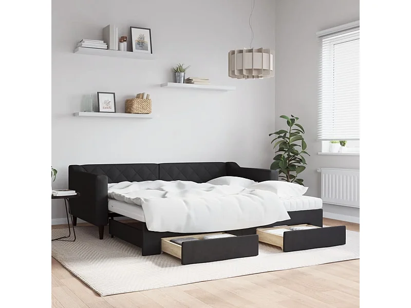 Divano Letto Estraibile con Cassetti Nero 90x190 cm in Tessuto