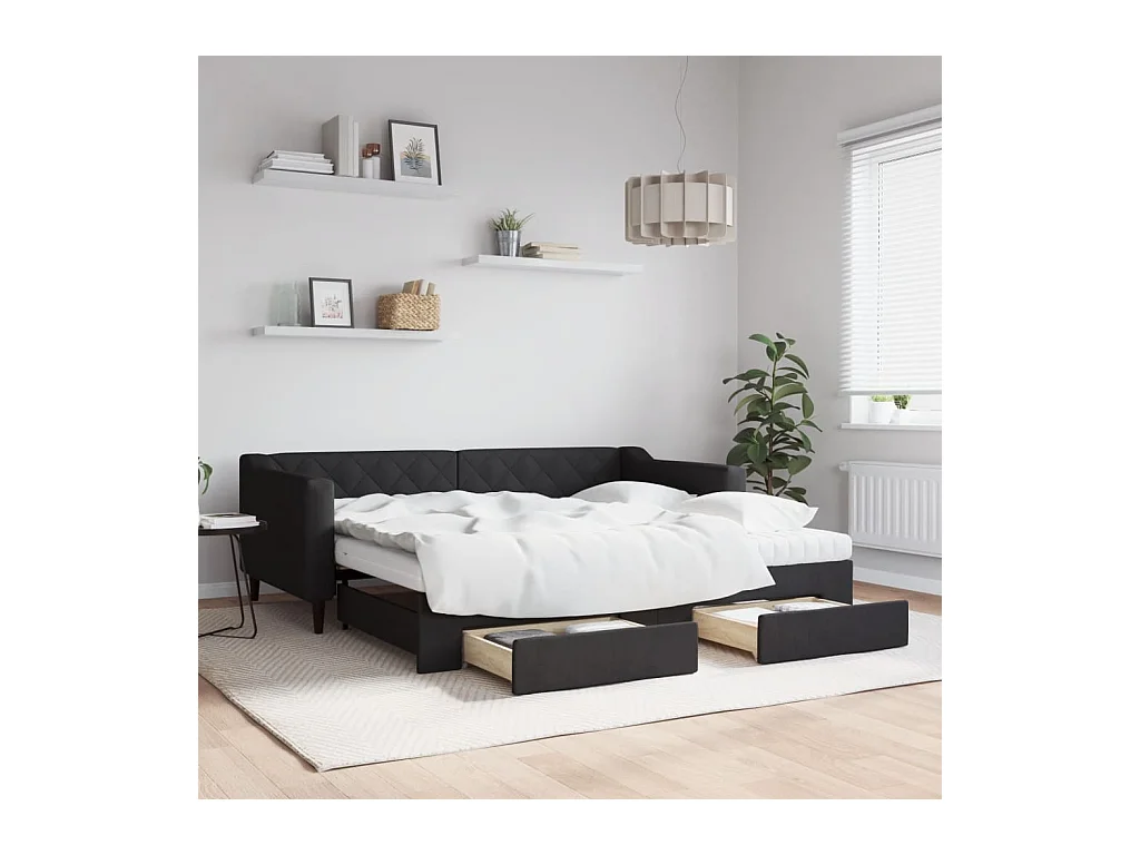 Slaapbank met onderschuifbed en lades 90x190 cm stof zwart