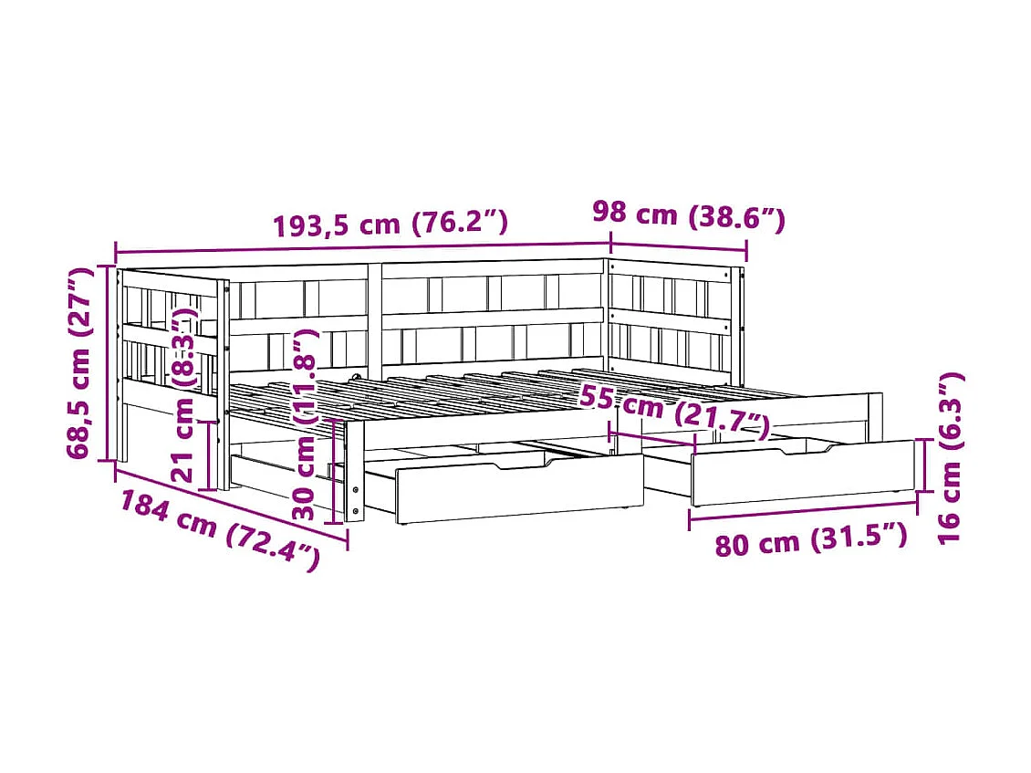 Lit de jour avec gigogne et tiroirs sans matelas blanc 90x190cm