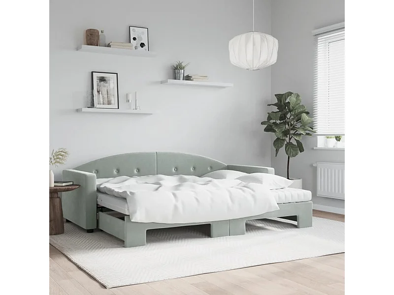 Lit de jour avec gigogne et matelas gris clair 80x200cm velours