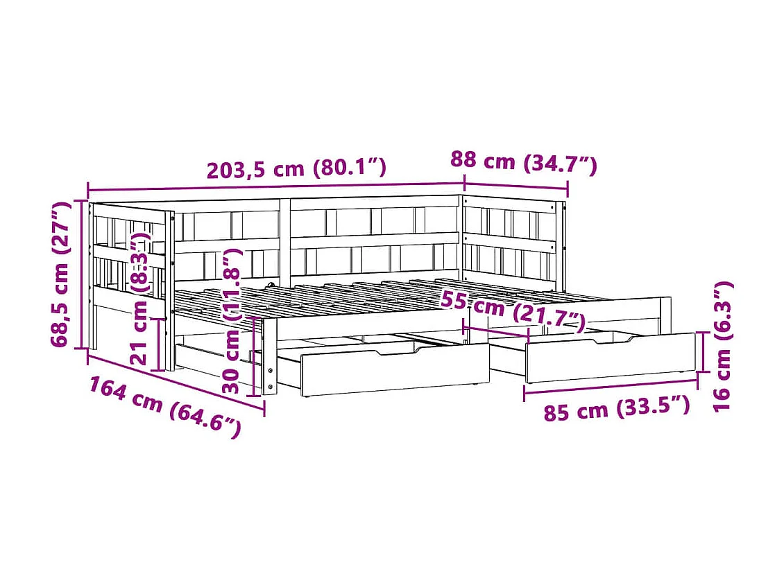 Lit de jour avec gigogne et tiroirs sans matelas blanc 80x200cm