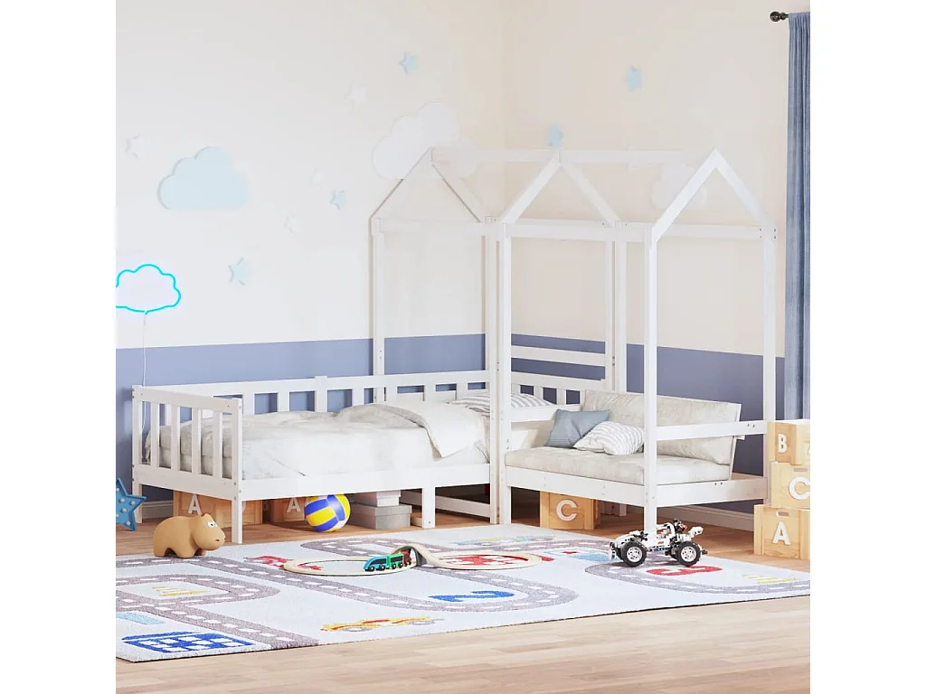 Ensemble de lit de jour et de banc avec toit sans matelas blanc