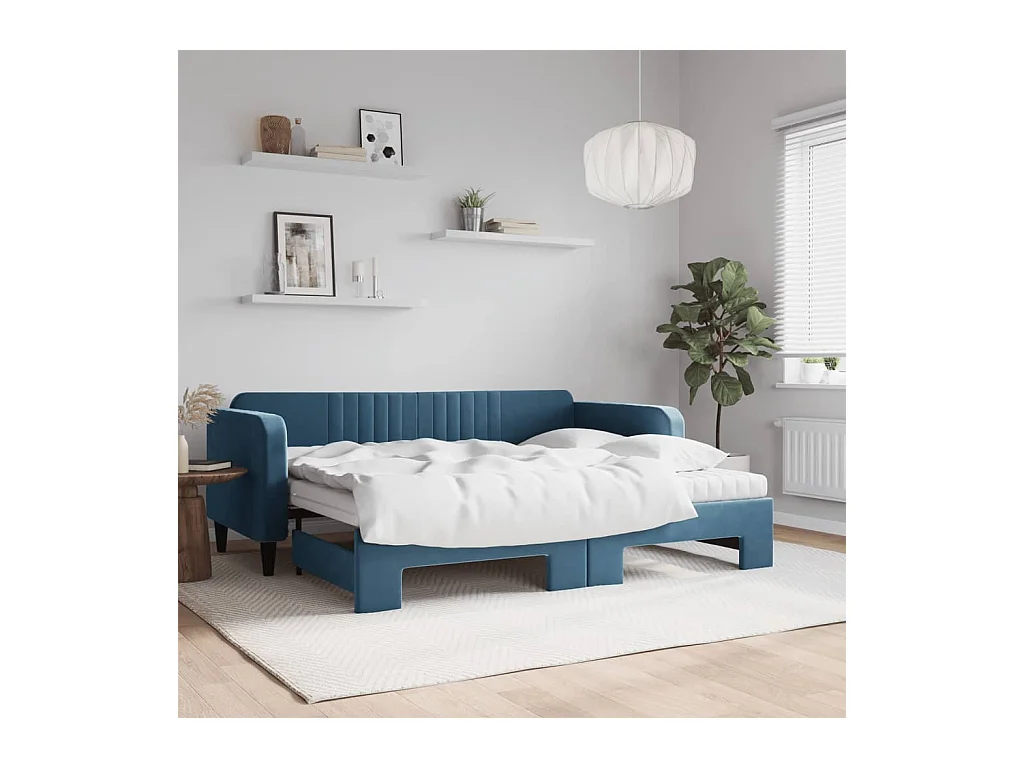 Lit de jour avec lit gigogne et matelas bleu 90x200 cm velours