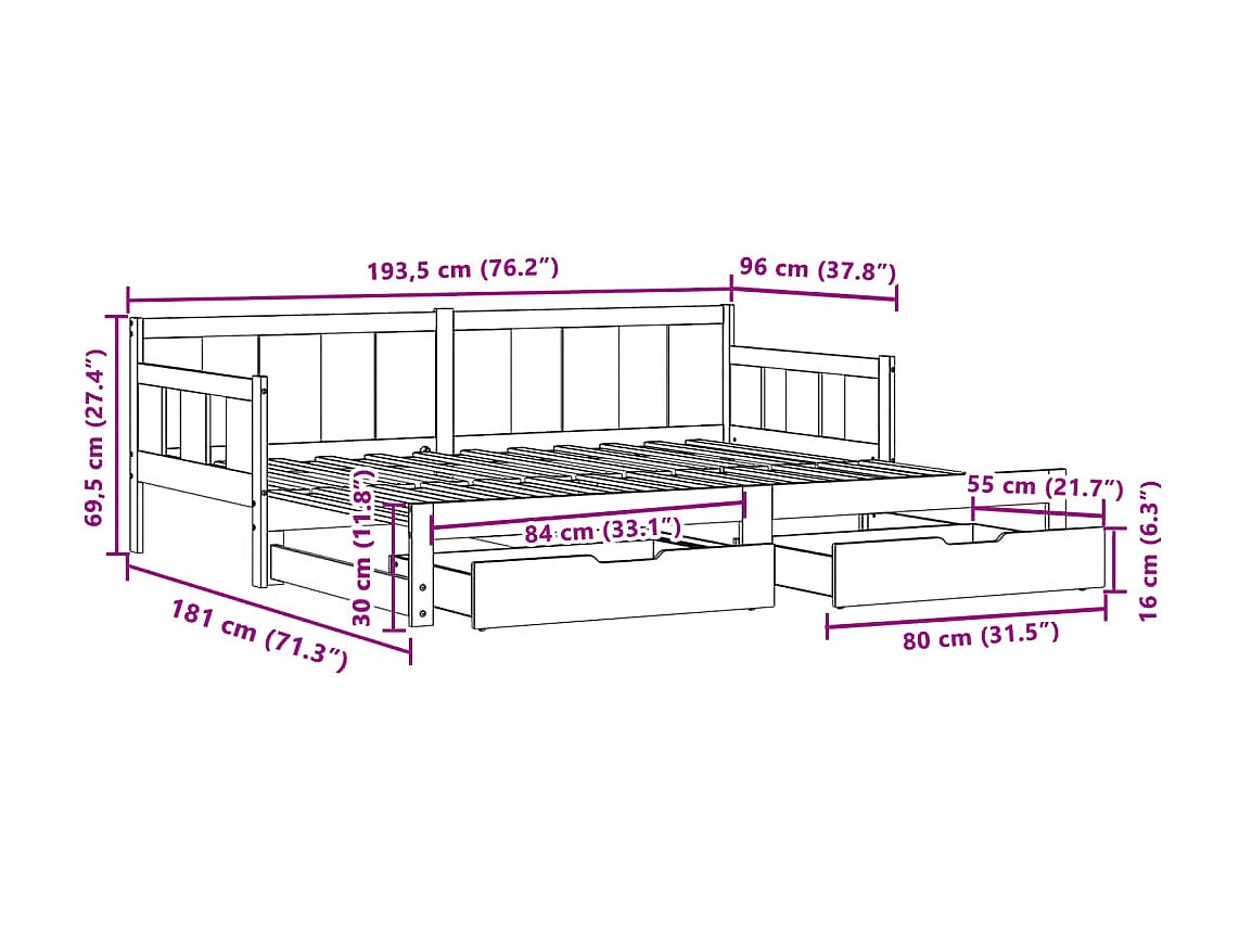 Lit de jour avec gigogne et tiroirs sans matelas blanc 90x190cm