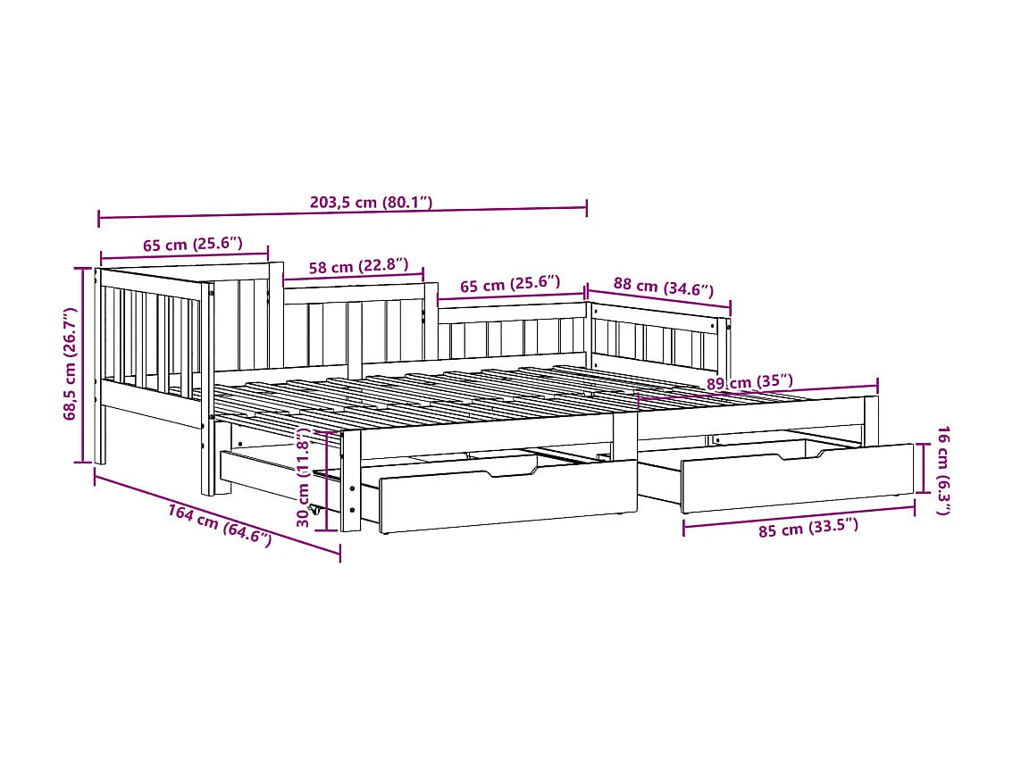 Tagesbett Ausziehbar mit Schubladen ohne Matratze Weiß 80x200cm