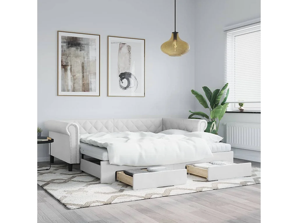 Lit de jour et lit gigogne et tiroirs blanc 90x200cm similicuir