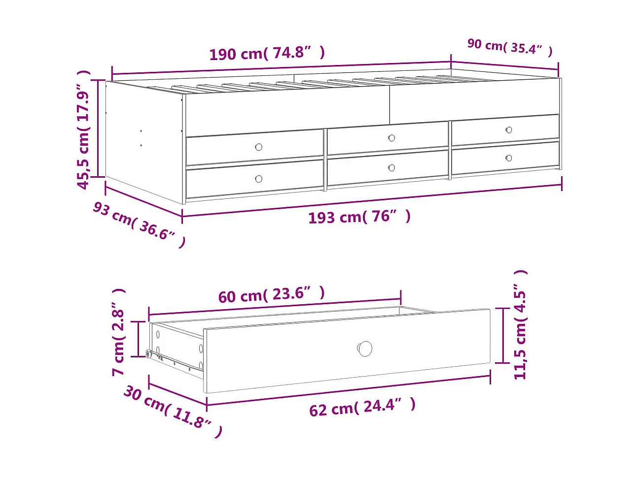 Divano Letto con Cassetti senza Materasso Rovere Fumo 90x190 cm
