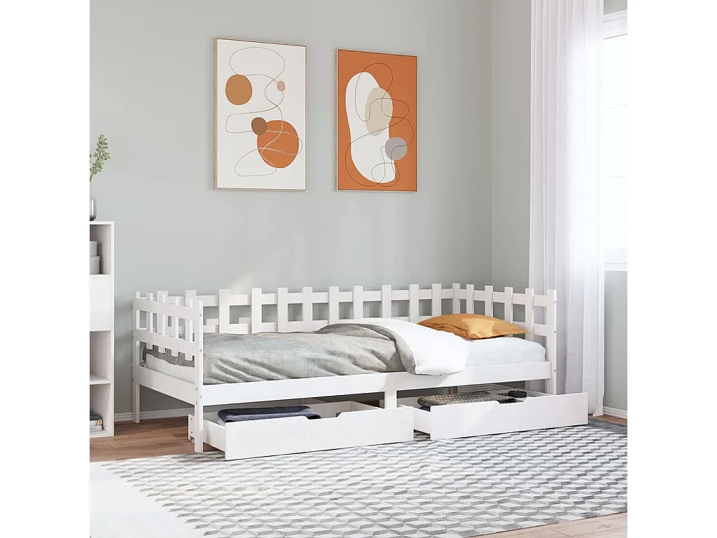 Sofá cama con cajones madera maciza de pino blanco 90x200 cm