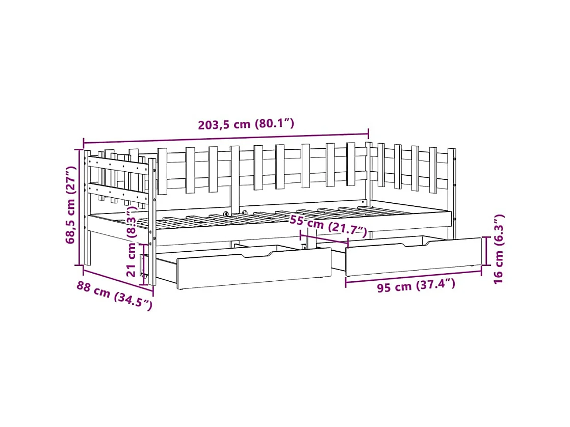 Lit de jour et tiroirs sans matelas blanc 90x200 cm bois massif