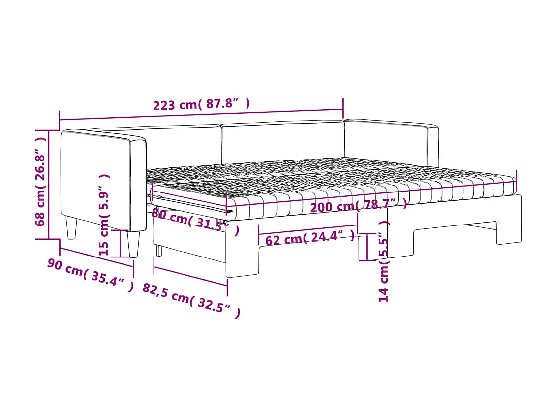 Lit de jour avec gigogne et matelas gris clair 80x200 cm tissu