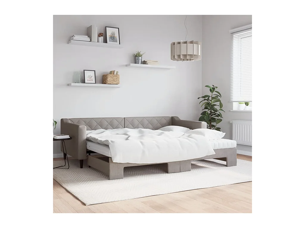 Lit de jour avec gigogne et matelas taupe 90x200 cm tissu