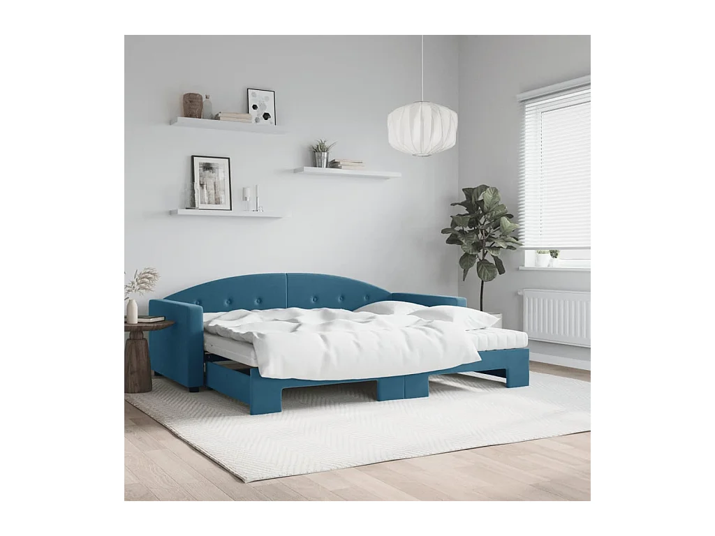Lit de jour avec lit gigogne et matelas bleu 90x200 cm velours