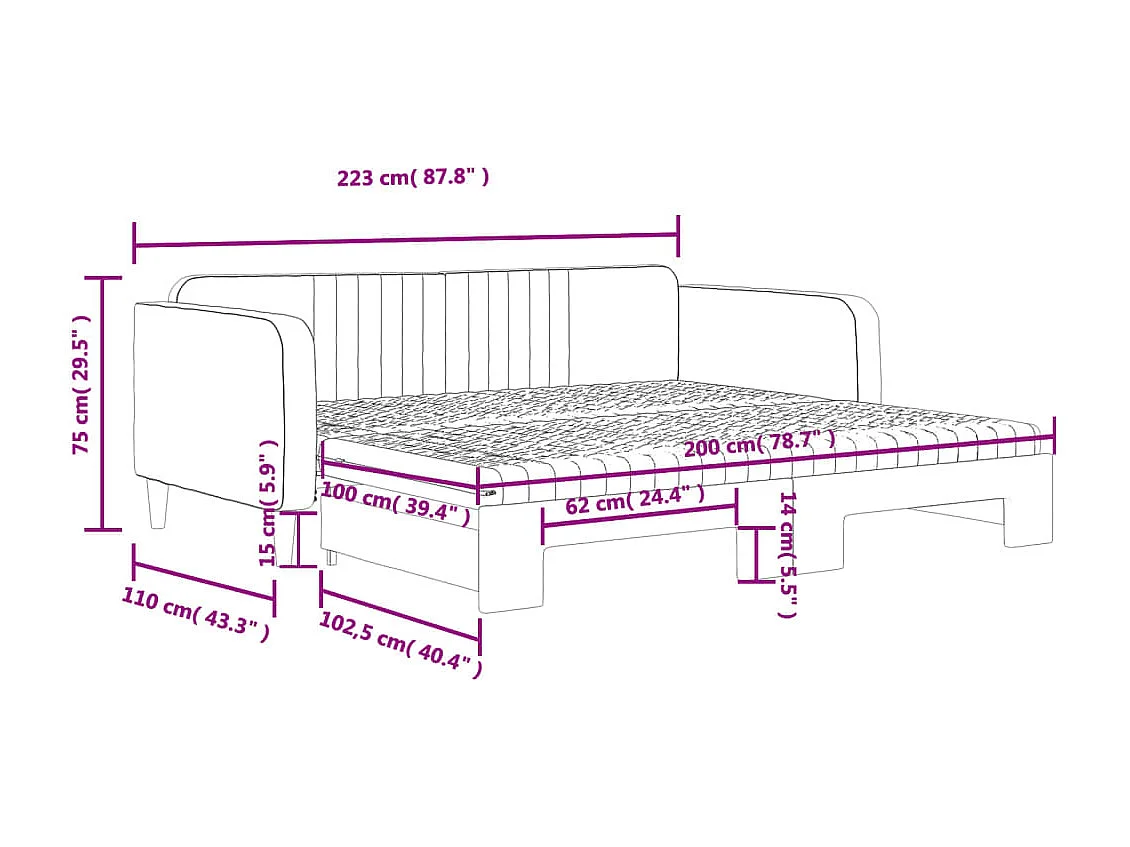 Lit de jour et gigogne et matelas gris foncé 100x200 cm velours