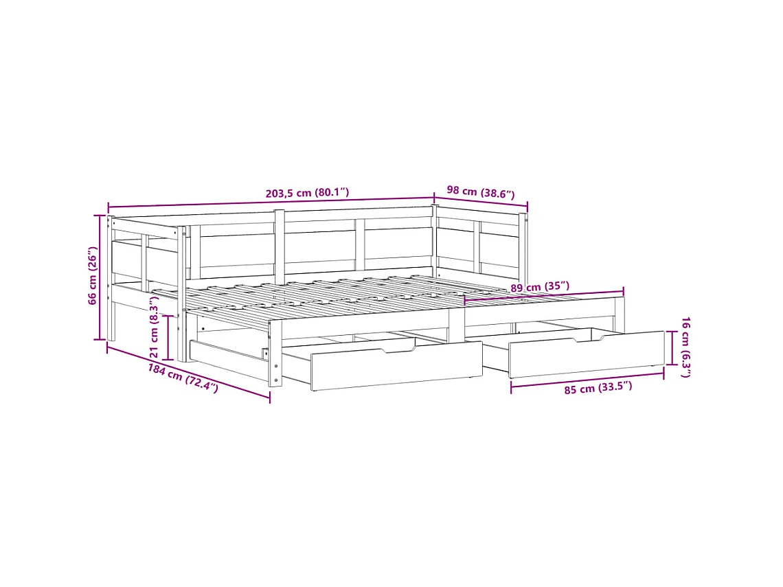 Letto Estraibile con Cassetti senza Materasso Bianco 90x200 cm