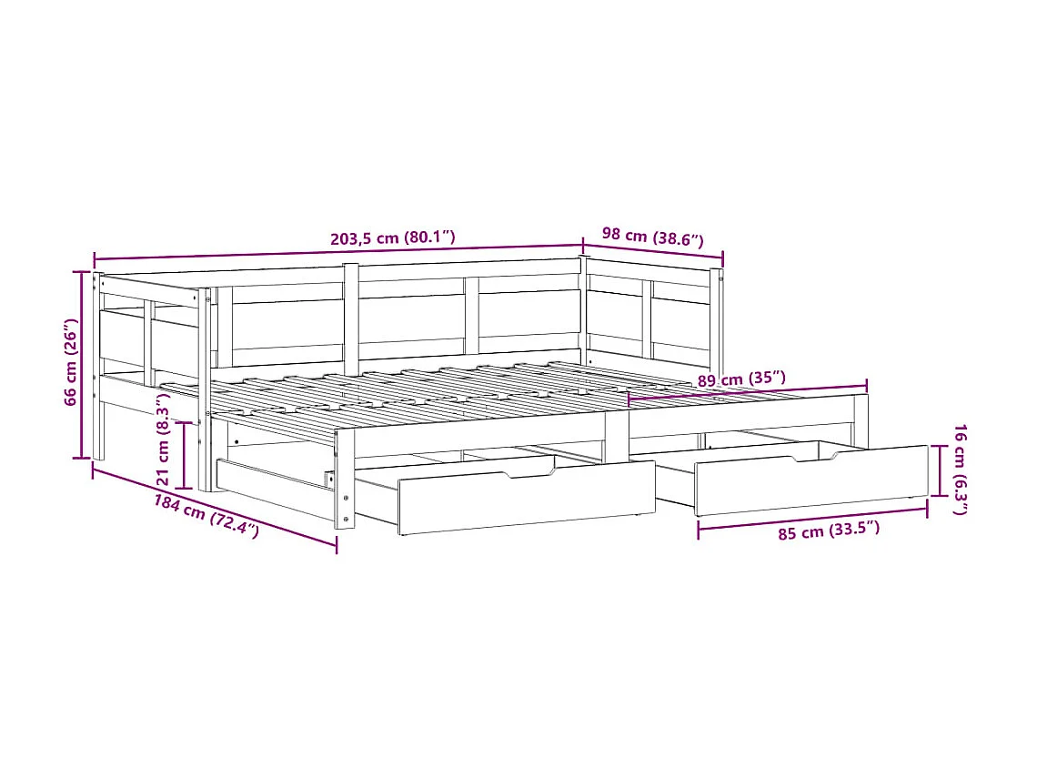 Lit de jour avec gigogne et tiroirs sans matelas blanc 90x200cm