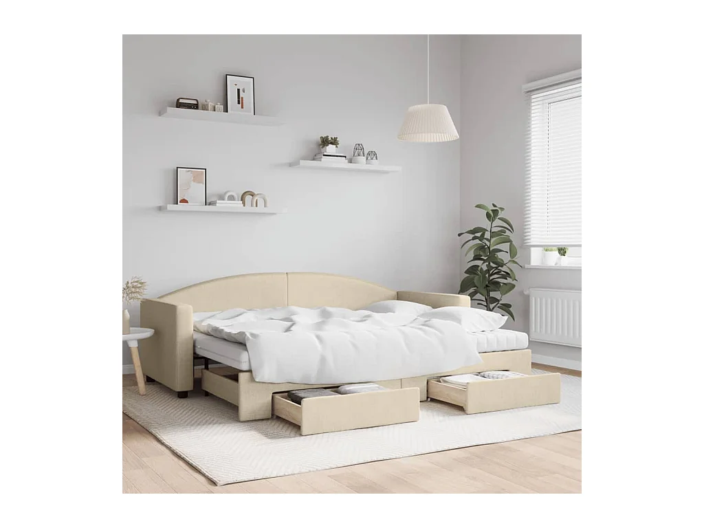 Divano Letto Estraibile con Cassetti Crema 80x200 cm in Tessuto