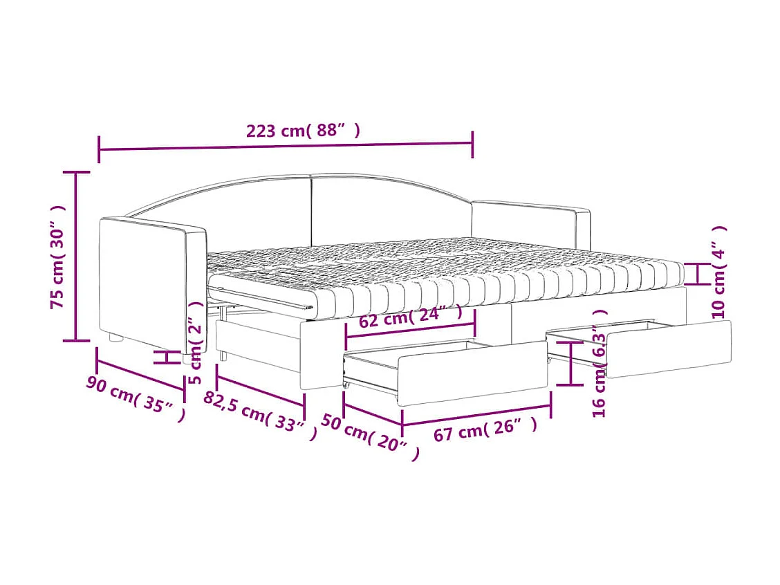 Slaapbank met onderschuifbed en lades 80x200 cm stof crèmekleur