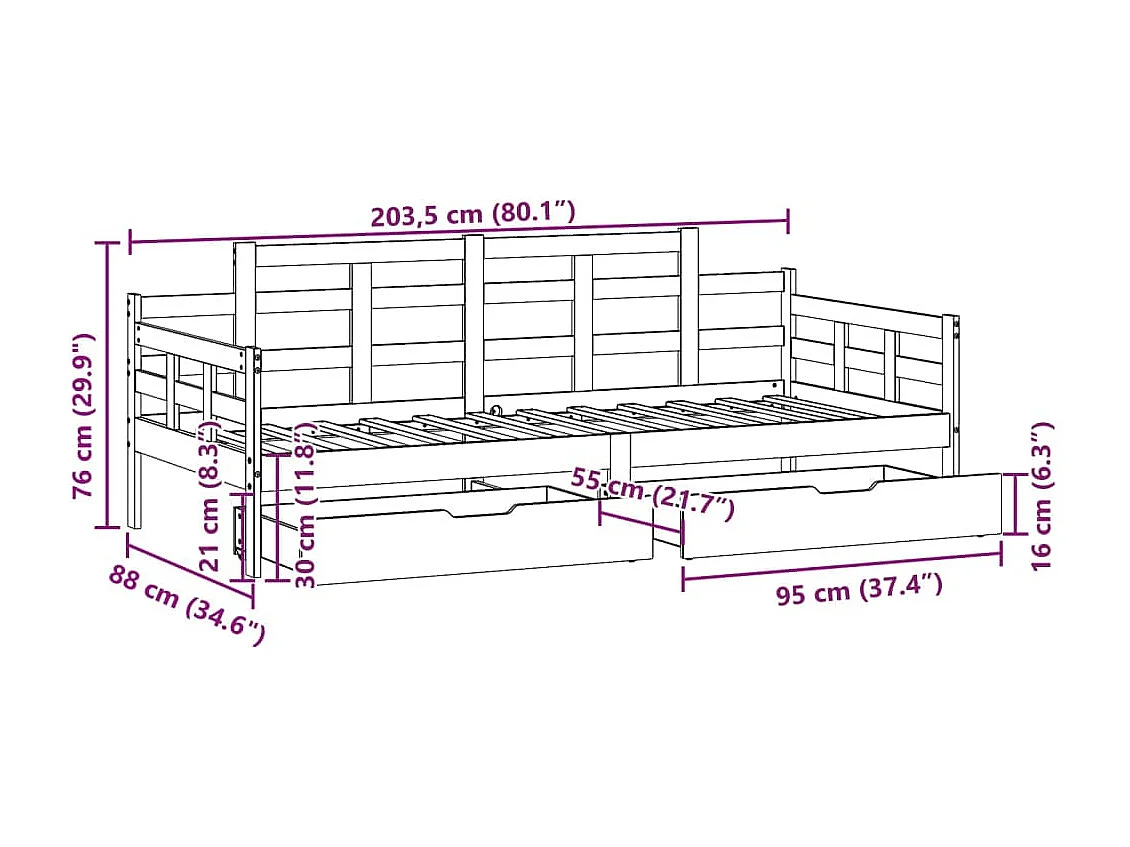 Dormeuse con Cassetti 80x200 cm in Legno Massello di Pino