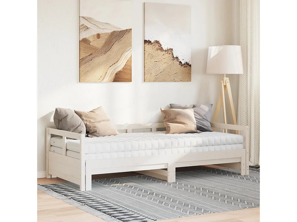 Divano Letto con Rotelle e Materasso Bianco 90x190cm Legno Pino