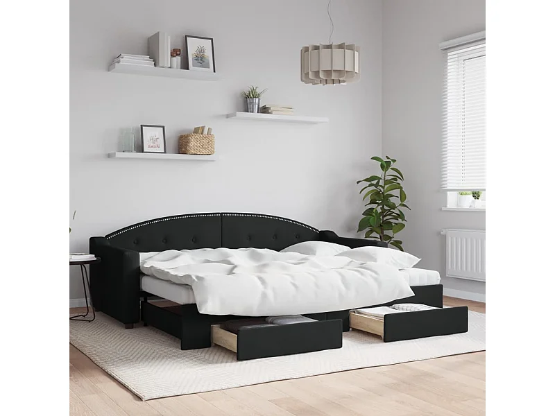 Divano Letto Estraibile con Cassetti Nero 80x200 cm in Tessuto