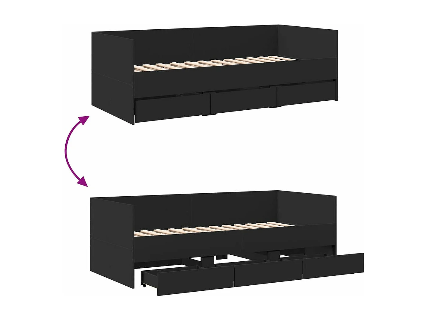 Divano Letto con Cassetti senza Materasso Nero 90x200 cm