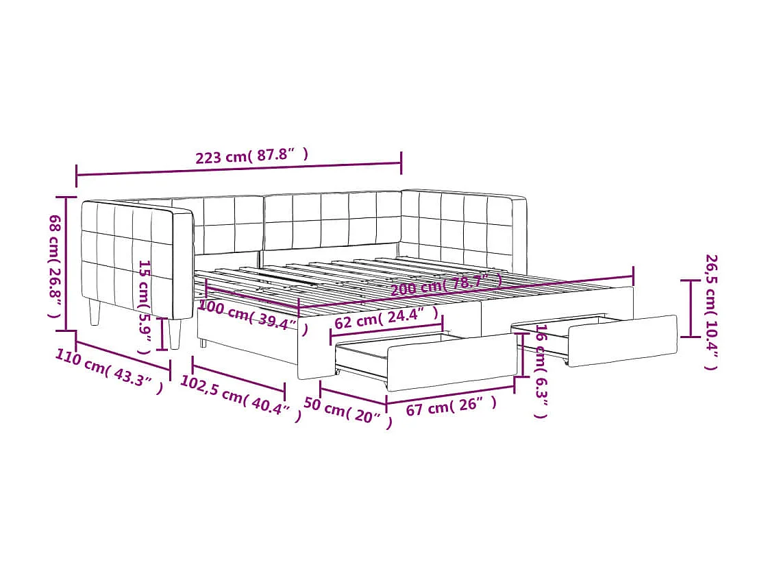 Sofá cama nido con cajones terciopelo gris oscuro 100x200 cm