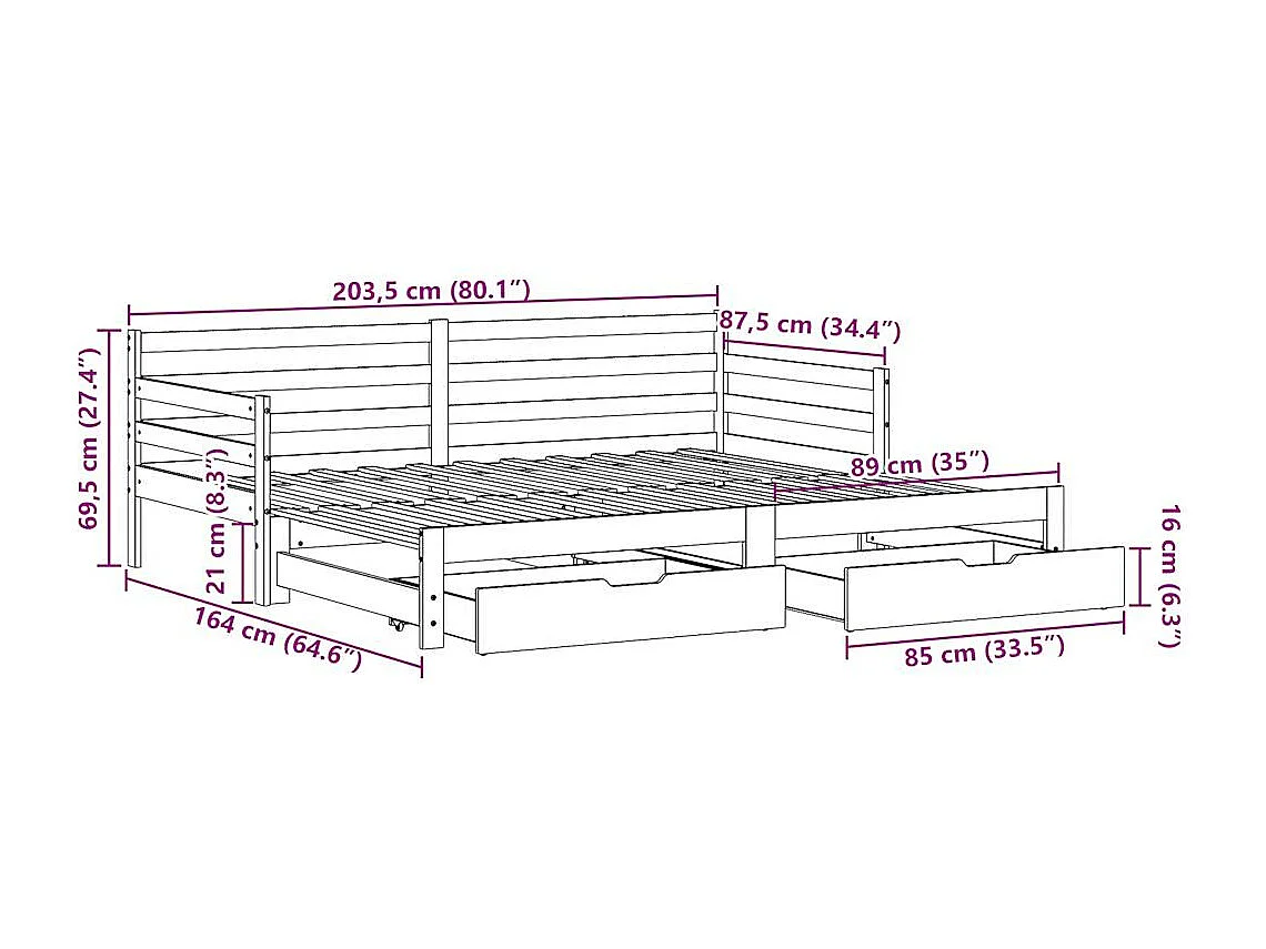 Tagesbett Ausziehbar mit Schubladen ohne Matratze 80x200 cm