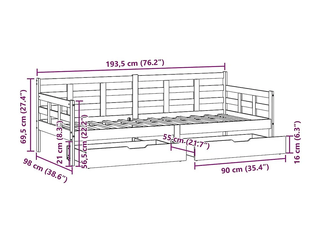 Lit de jour avec tiroirs sans matelas 90x190 cm bois massif