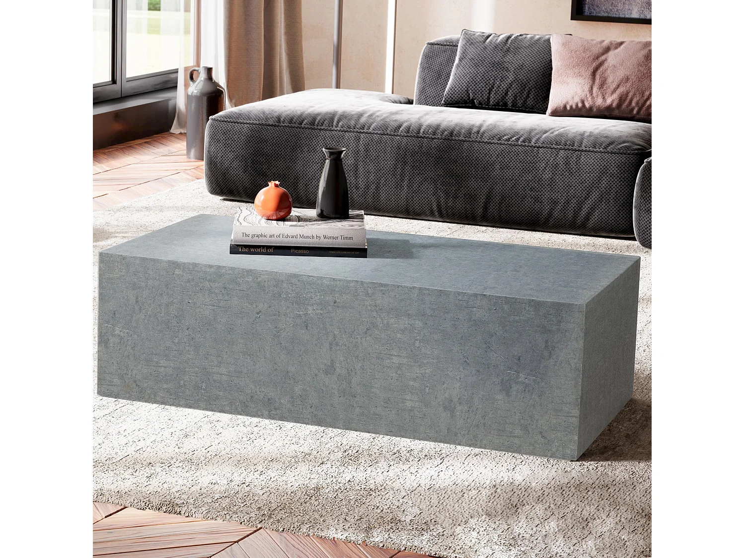 Table Basse MONOBLOC Aspect Béton Gris Table de Salon Moderne Cube