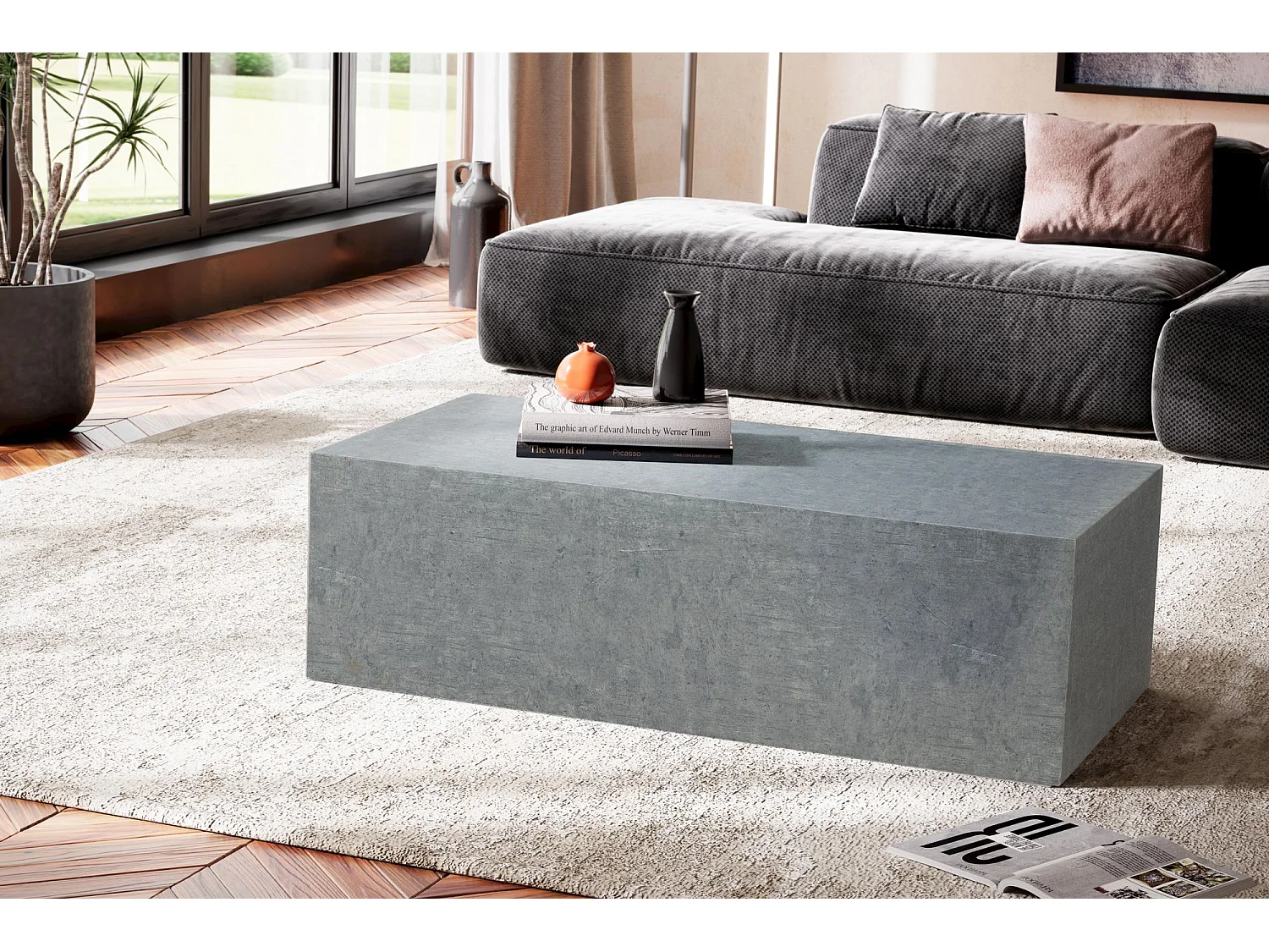Table Basse MONOBLOC Aspect Béton Gris Table de Salon Moderne Cube