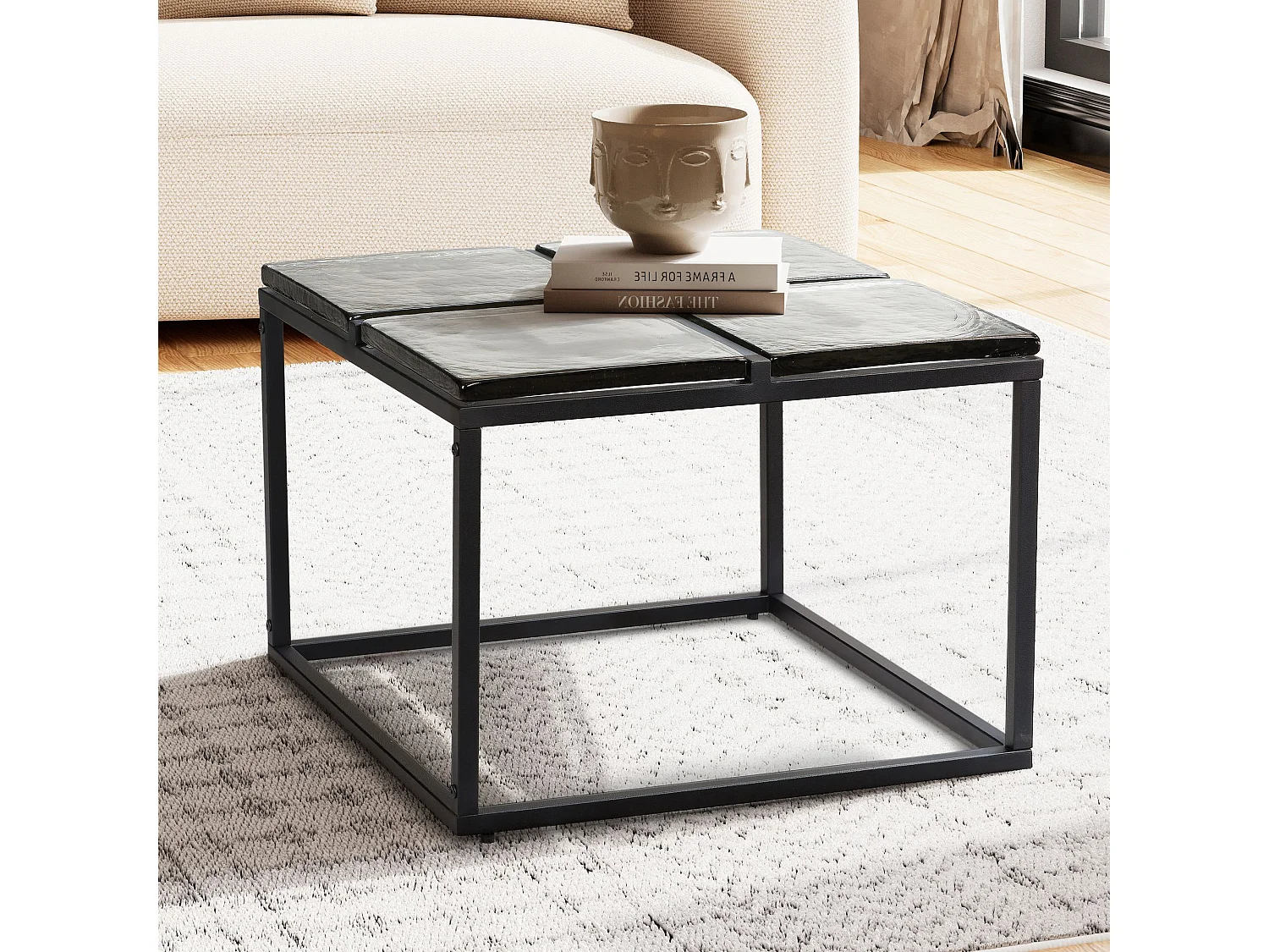 Table Basse Carrée Verre Métal Noir 50x50x30,5 cm Table Salon Moderne