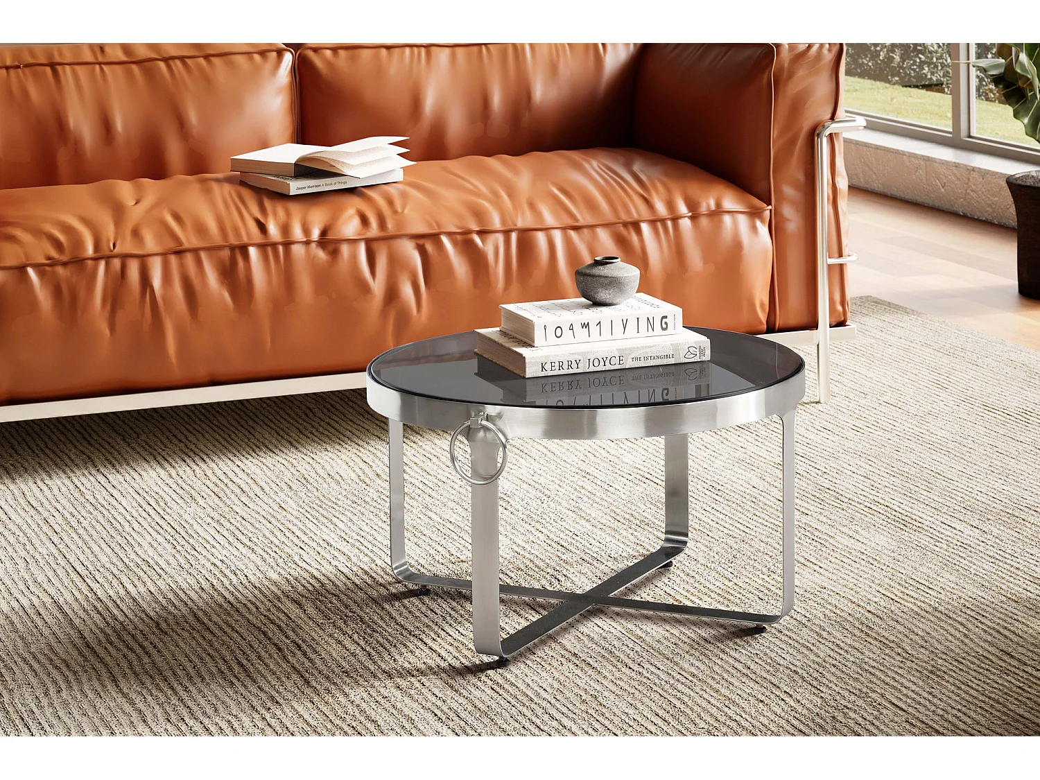 Table Basse Ronde Verre Métal Argent 60x60x34 cm Table Salon Moderne